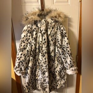 Dennis Basso Snow Leopard Faux Fur Reversible Coat removable hood SZ L Gorgeous